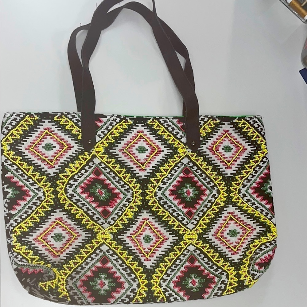 Big Buddha Multicolor Patterned beaded Tote zipper Bag preowned